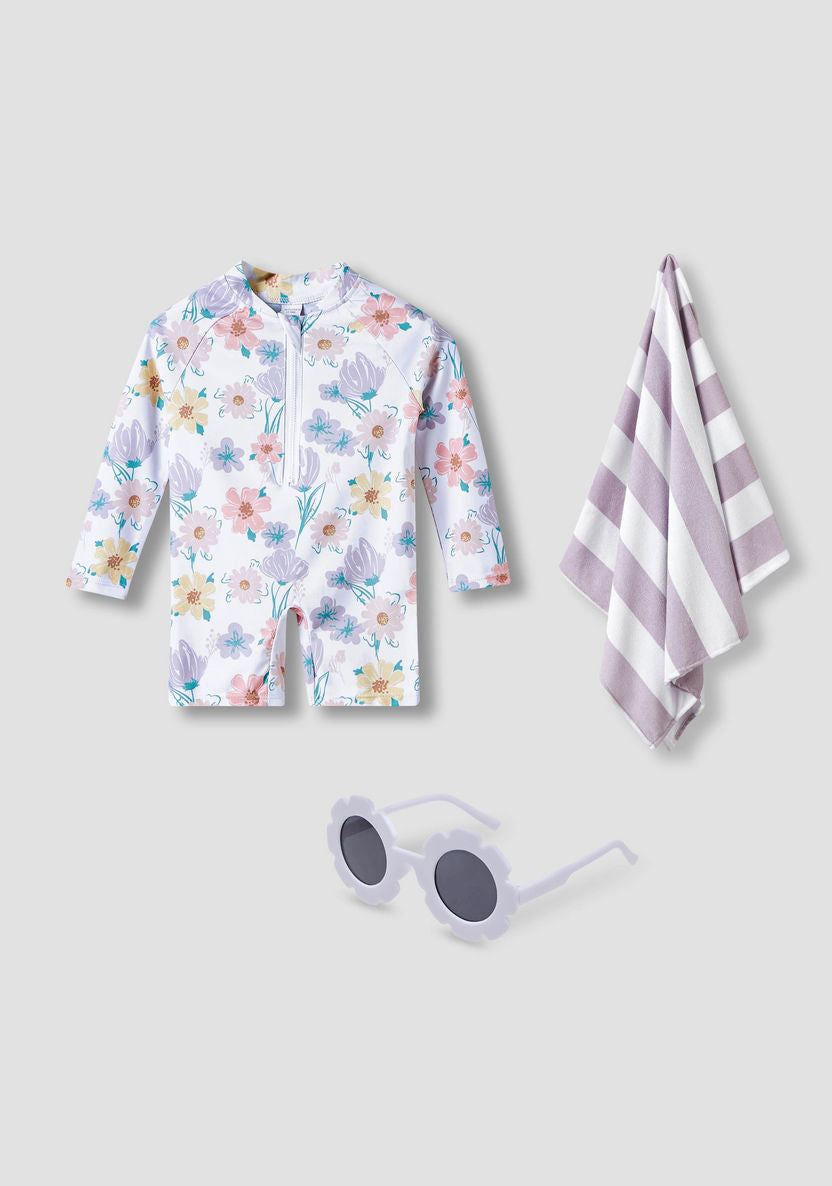 Floral Print Swimsuit with towel and sunglasses