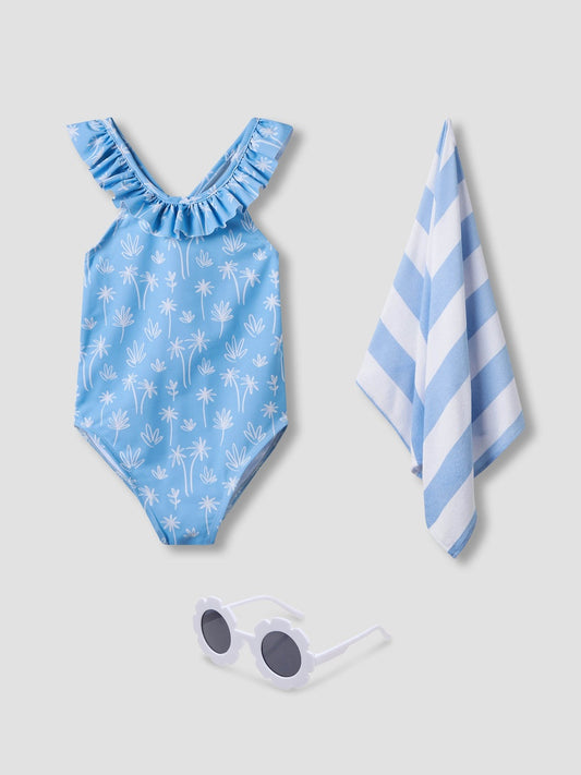 Palm Print swimsuit with towel and sunglasses