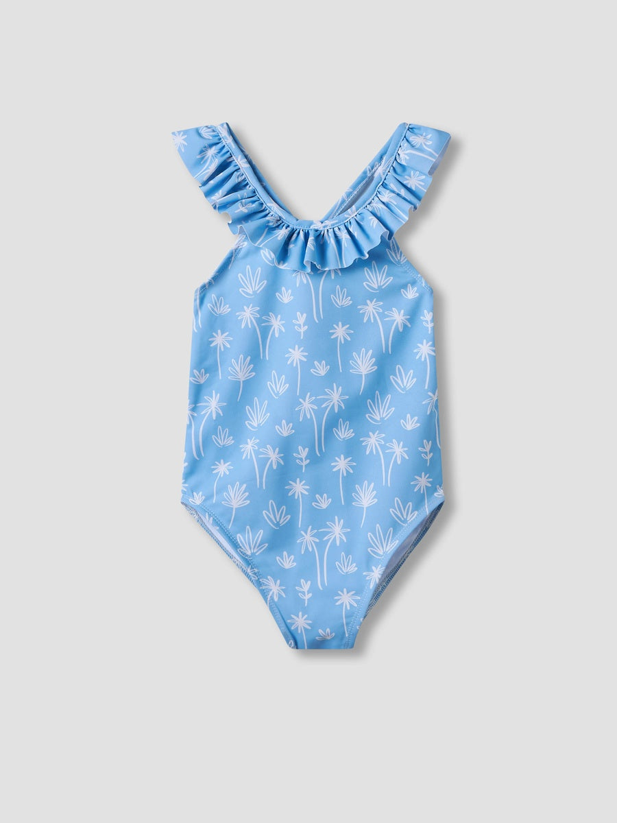 Palm Print swimsuit with towel and sunglasses