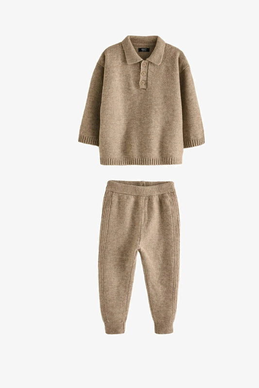 Neutral knitted long sleeve polo and joggers set