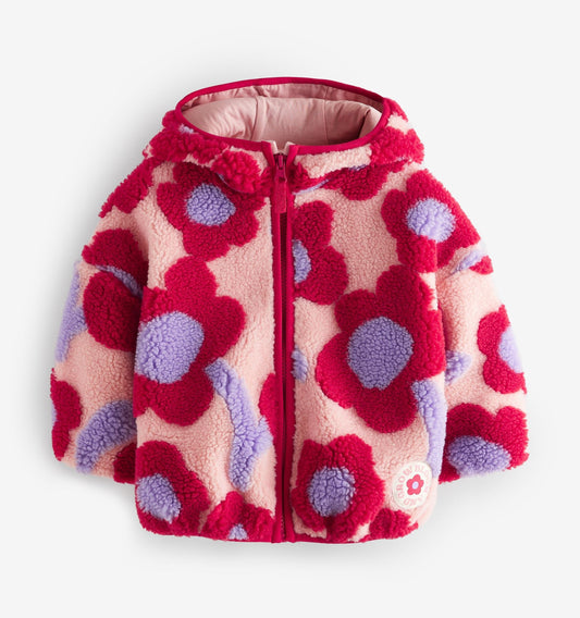 Red hooded floral zip fleece jacket